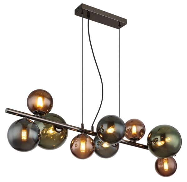 suspension barre boules de verre 9 boules bronze, vert et pétrole sur barre grise, vue allumée