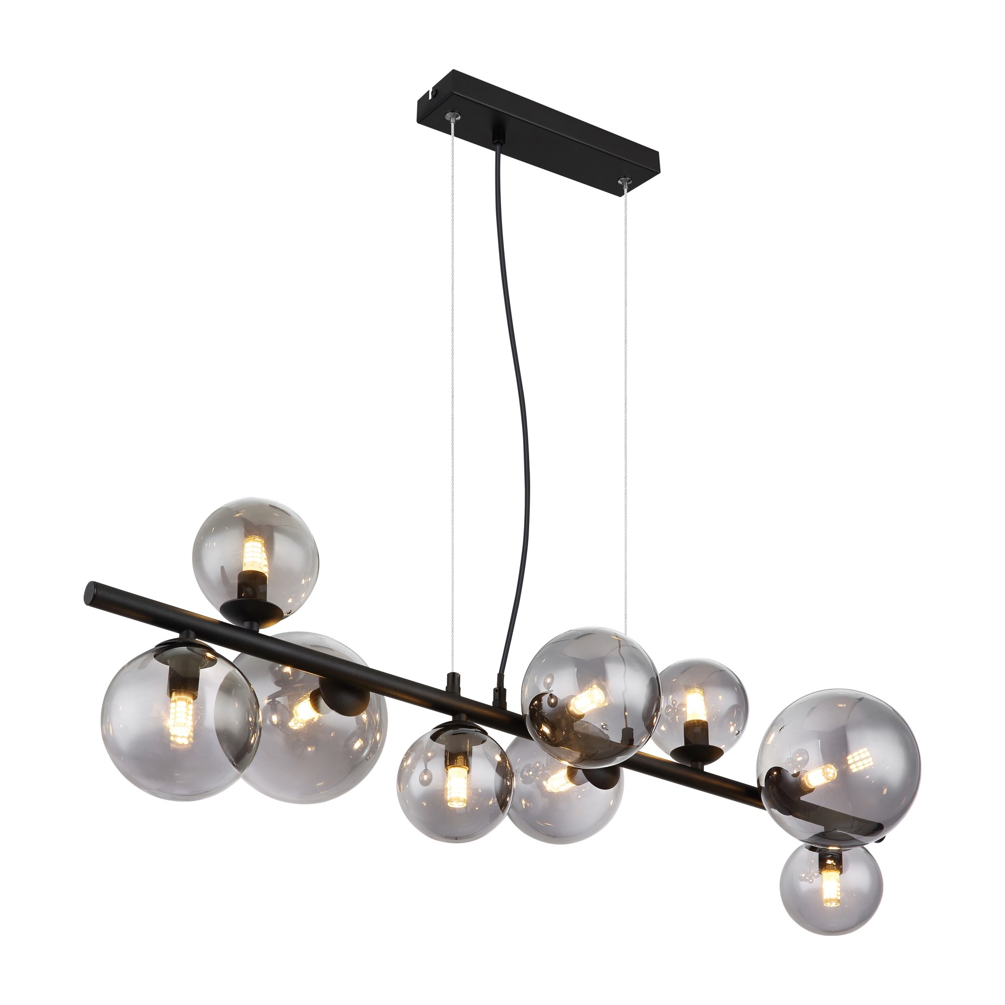 Suspension barre boules de verre, 9 ou 13 lumières, fumé, ambre ou bronze suspension barre boules de verre 9 boules fumées sur barre noire, vue allumée sur fond blanc
