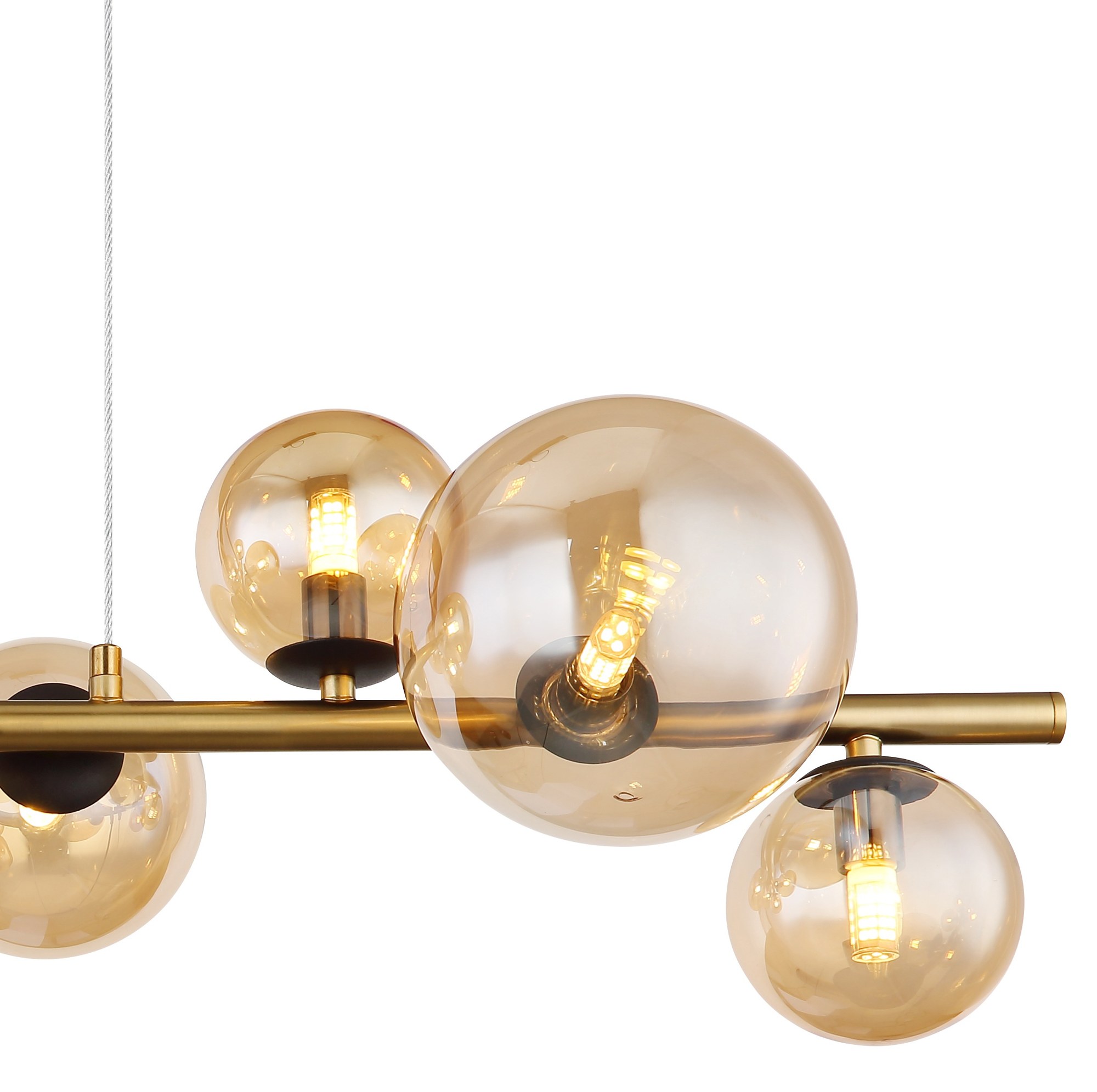 Suspension barre boules de verre, 9 ou 13 lumières, fumé, ambre ou bronze suspension barre boules de verre gros plan sur les boules ambrées et leur ampoule G9