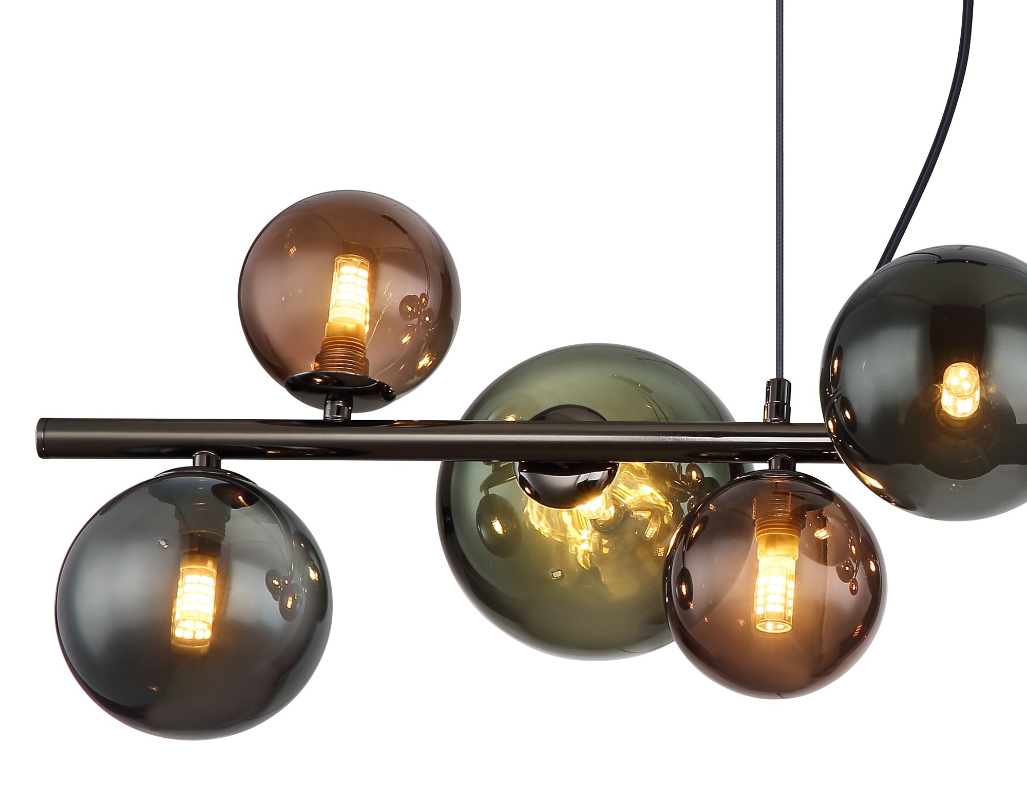 Suspension barre boules de verre, 9 ou 13 lumières, fumé, ambre ou bronze suspension barre boules de verre gros plan sur les boules bronze, vertes et pétrole