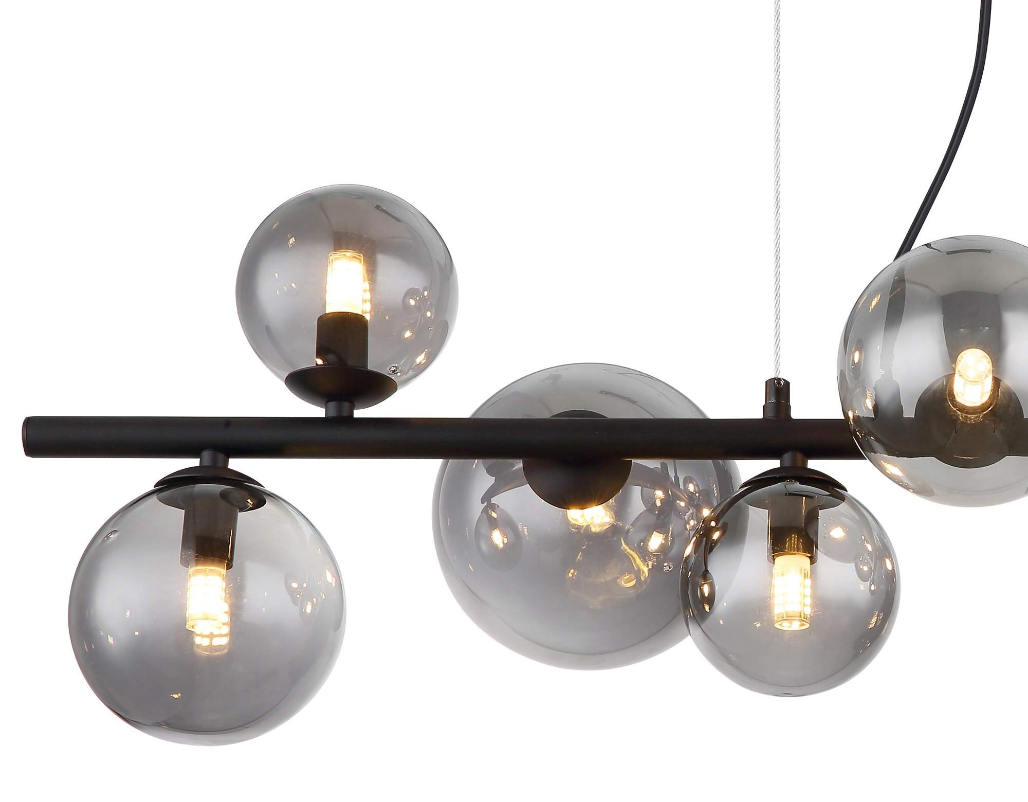 Suspension barre boules de verre, 9 ou 13 lumières, fumé, ambre ou bronze suspension barre boules de verre gros plan sur les boules de verre fumé et la barre noire