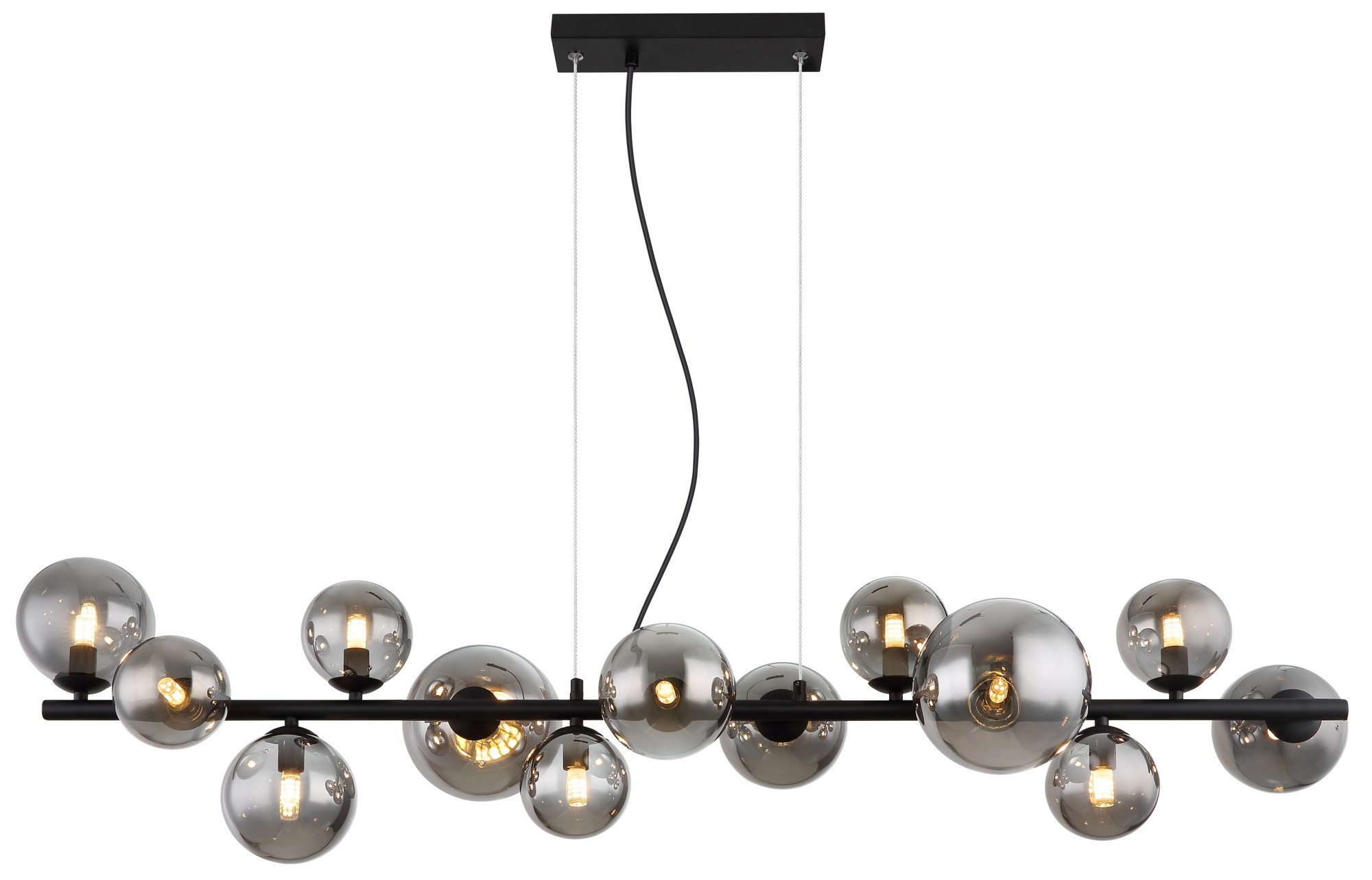 Suspension barre boules de verre, 9 ou 13 lumières, fumé, ambre ou bronze suspension barre boules de verre vue de face de la barre noire et de la rosace rectangulaire, 13 boules fumées