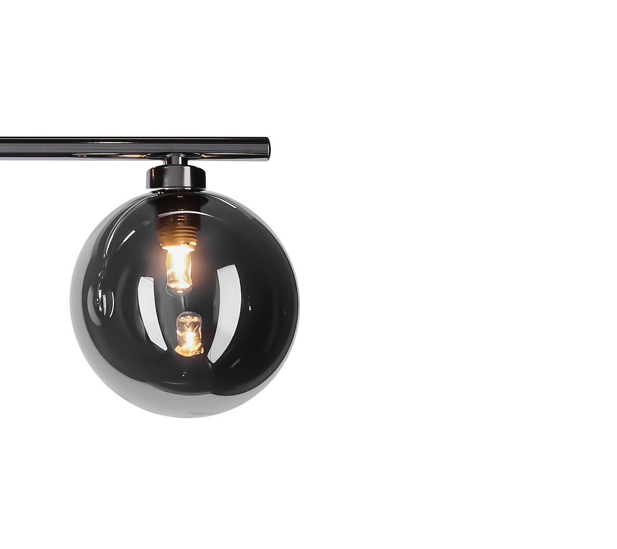 Suspension barre à quatre globes en verre fumé, noire et chrome, G9 suspension barre quatre globes fumés detail d un globe et de la barre noire