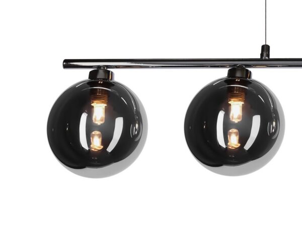 suspension barre quatre globes fumés detail de deux globes en verre fume