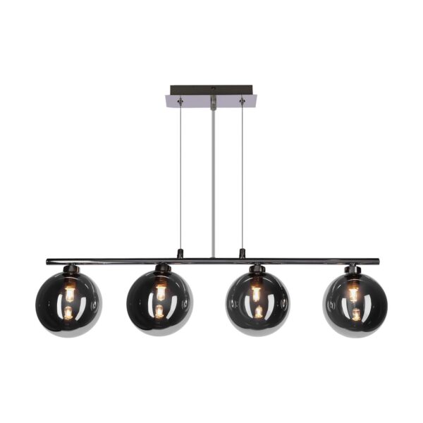 suspension barre quatre globes fumés sur fond blanc