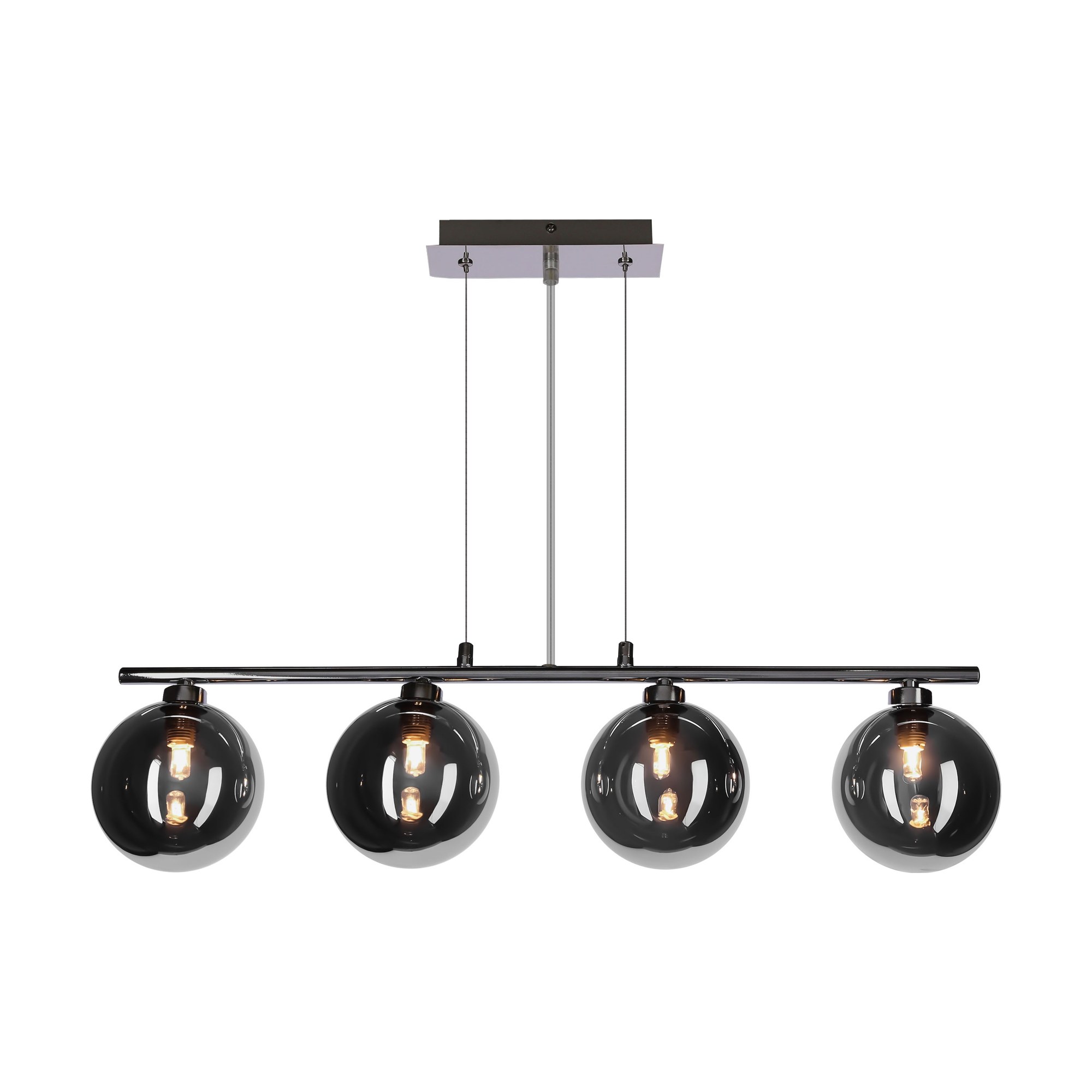 Suspension barre à quatre globes en verre fumé, noire et chrome, G9 suspension barre quatre globes fumés sur fond blanc