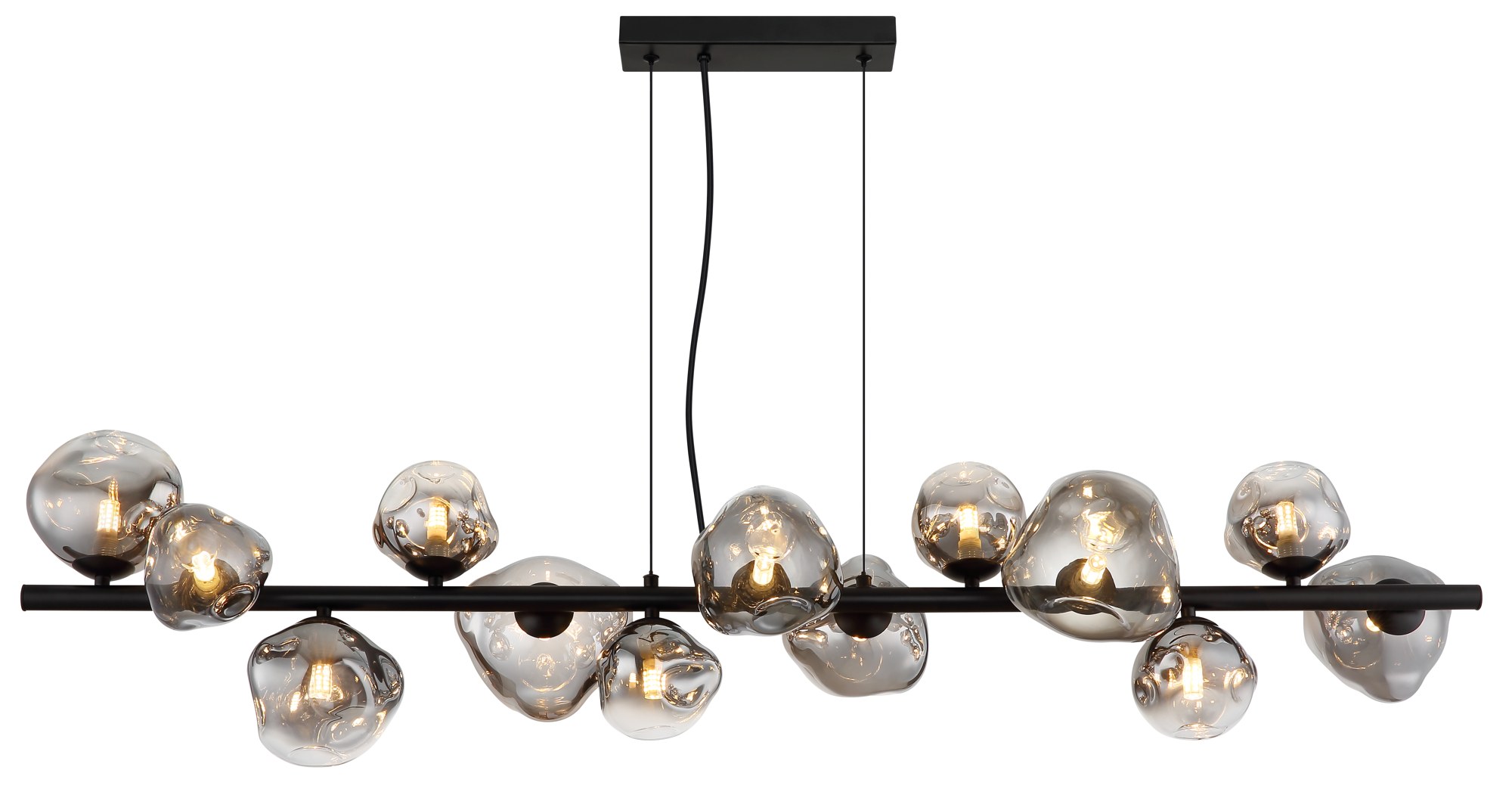 Suspension barre verre fumé noir, 9 ou 13 lumières G9 suspension barre verre fumé 13 lumières, vue de face sur fond blanc