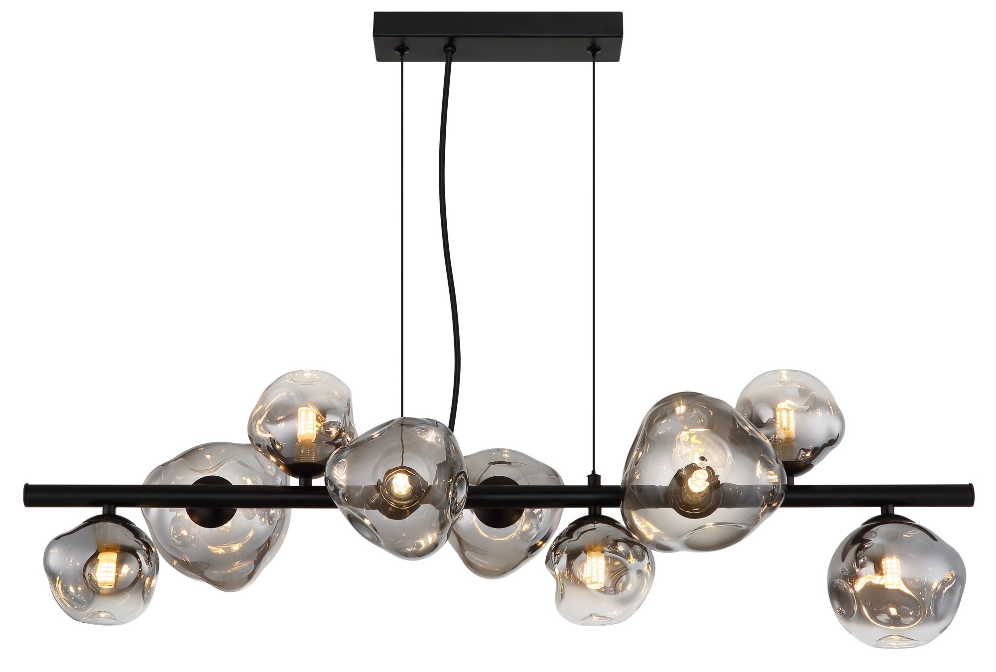 Suspension barre verre fumé noir, 9 ou 13 lumières G9 suspension barre verre fumé 9 lumières, vue de face sur fond blanc