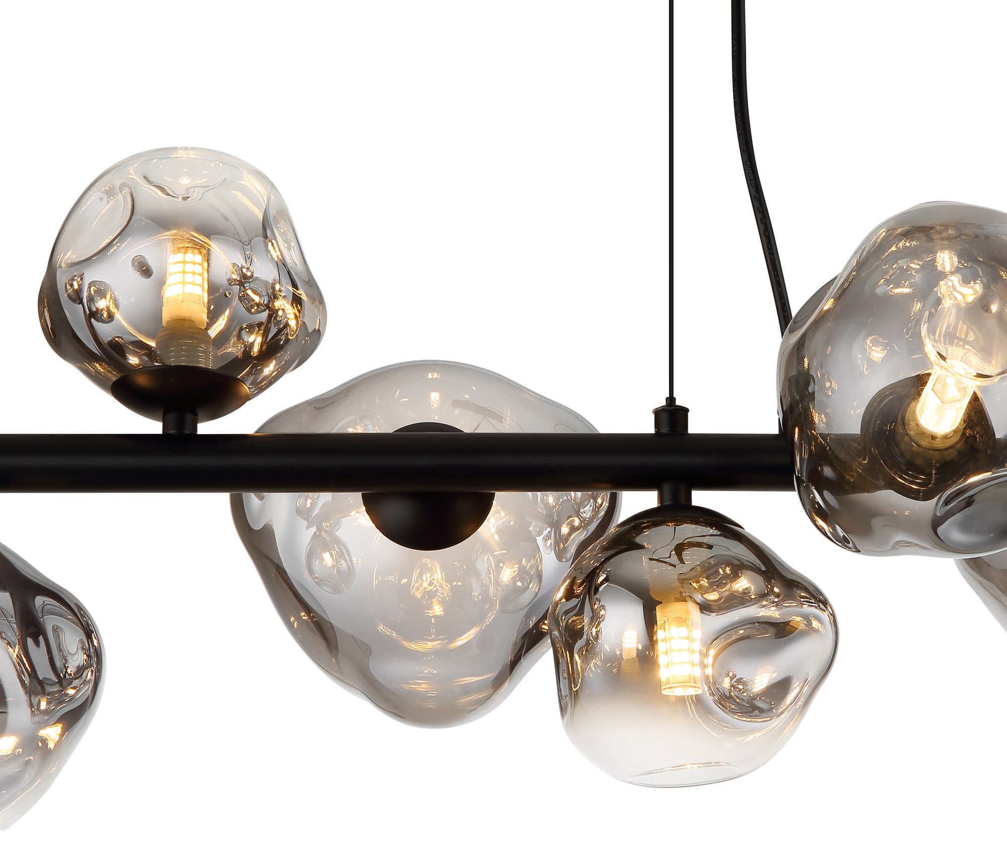 Suspension barre verre fumé noir, 9 ou 13 lumières G9 suspension barre verre fumé détail du dégradé du verre fumé au clair, version 13 lumières