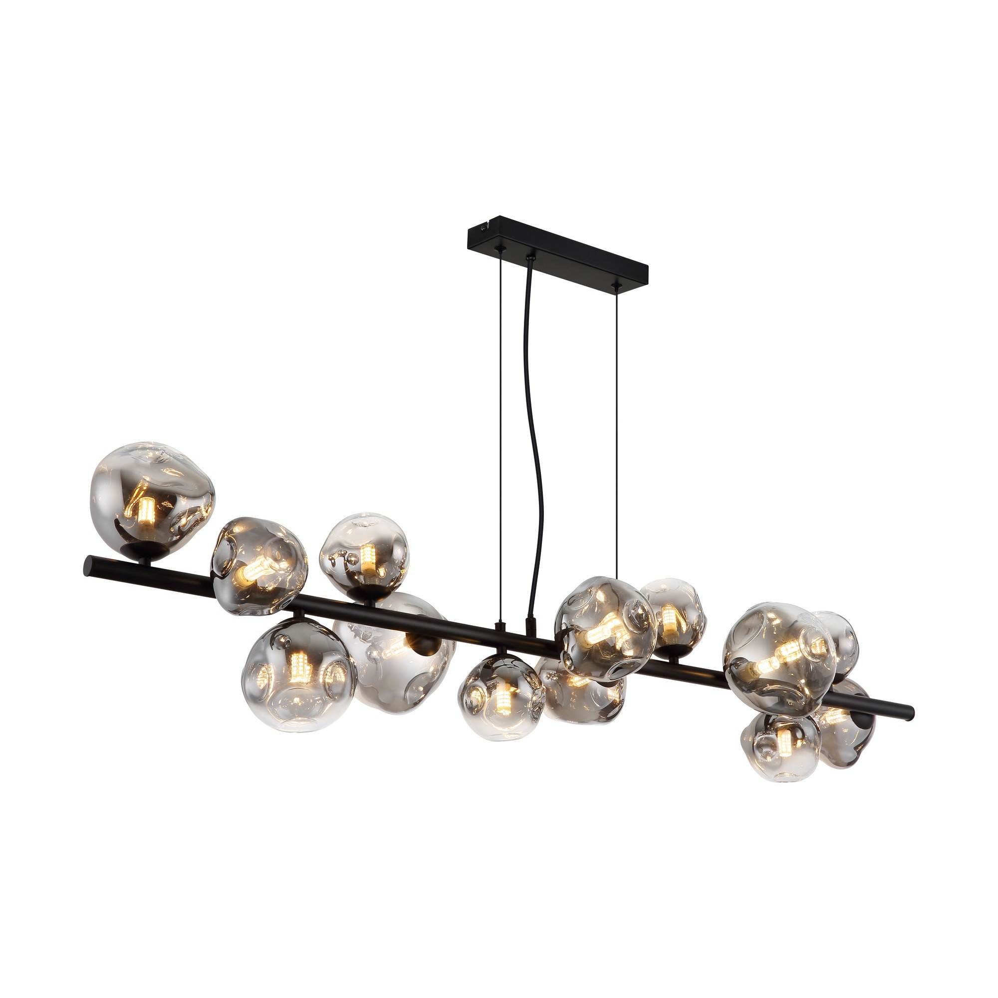 Suspension barre verre fumé noir, 9 ou 13 lumières G9 suspension barre verre fumé 13 lumières sur barre noire de 120 cm, fond blanc