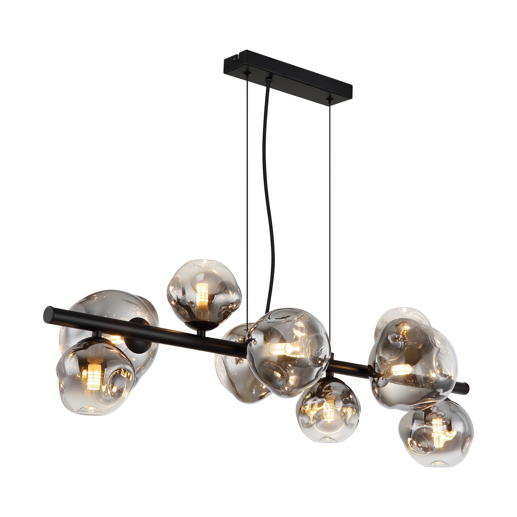 Suspension barre verre fumé noir, 9 ou 13 lumières G9 suspension barre verre fumé 9 lumières sur barre noire, verres bosselés au dégradé fumé, fond blanc