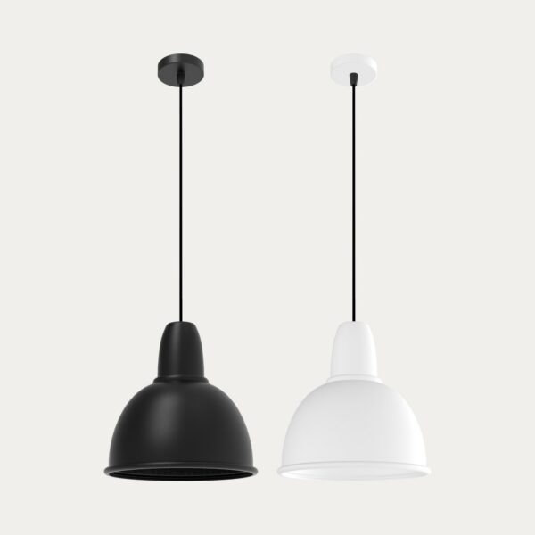suspension Bissi en deux finitions noir mat et blanc mat sur fond beige