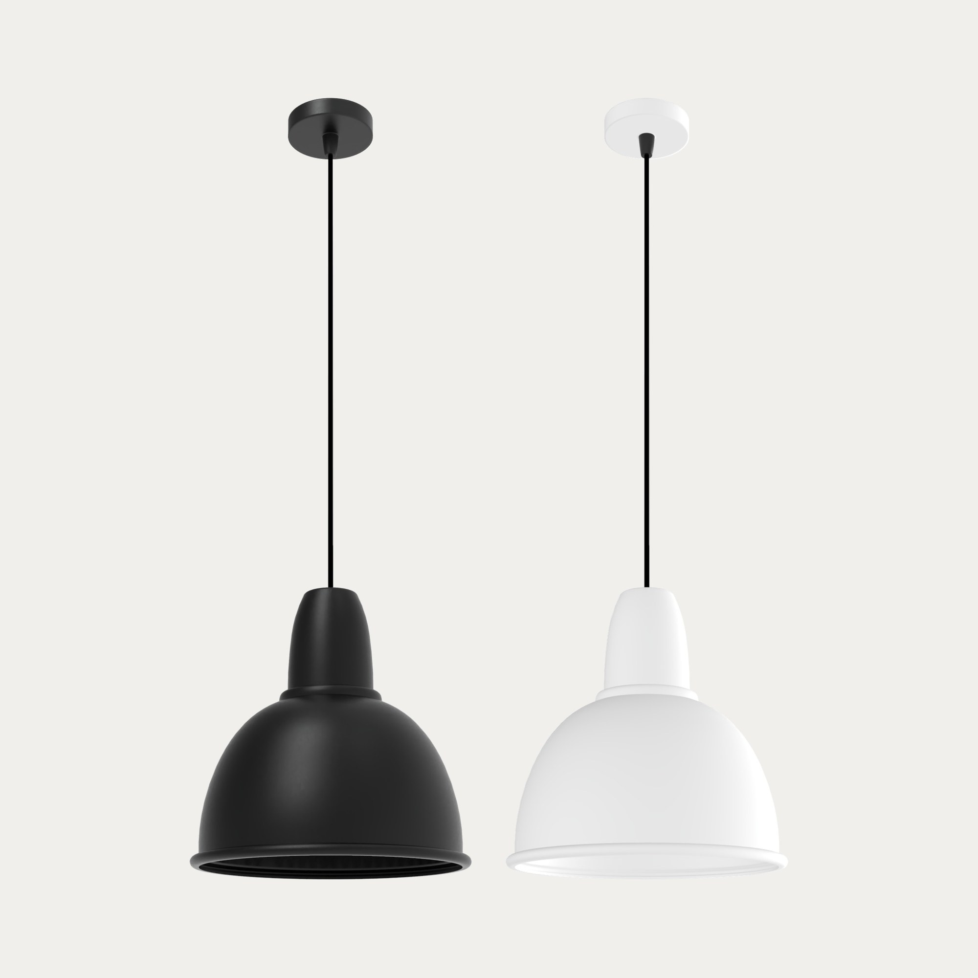 suspension Bissi en deux finitions noir mat et blanc mat sur fond beige