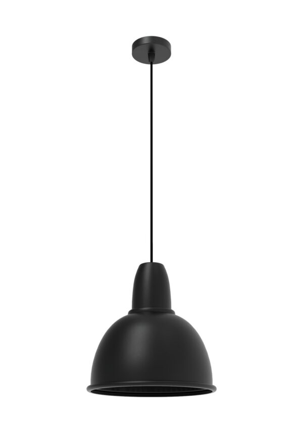suspension Bissi noir mat avec abat-jour en aluminium et rosace, vue de face sur fond blanc