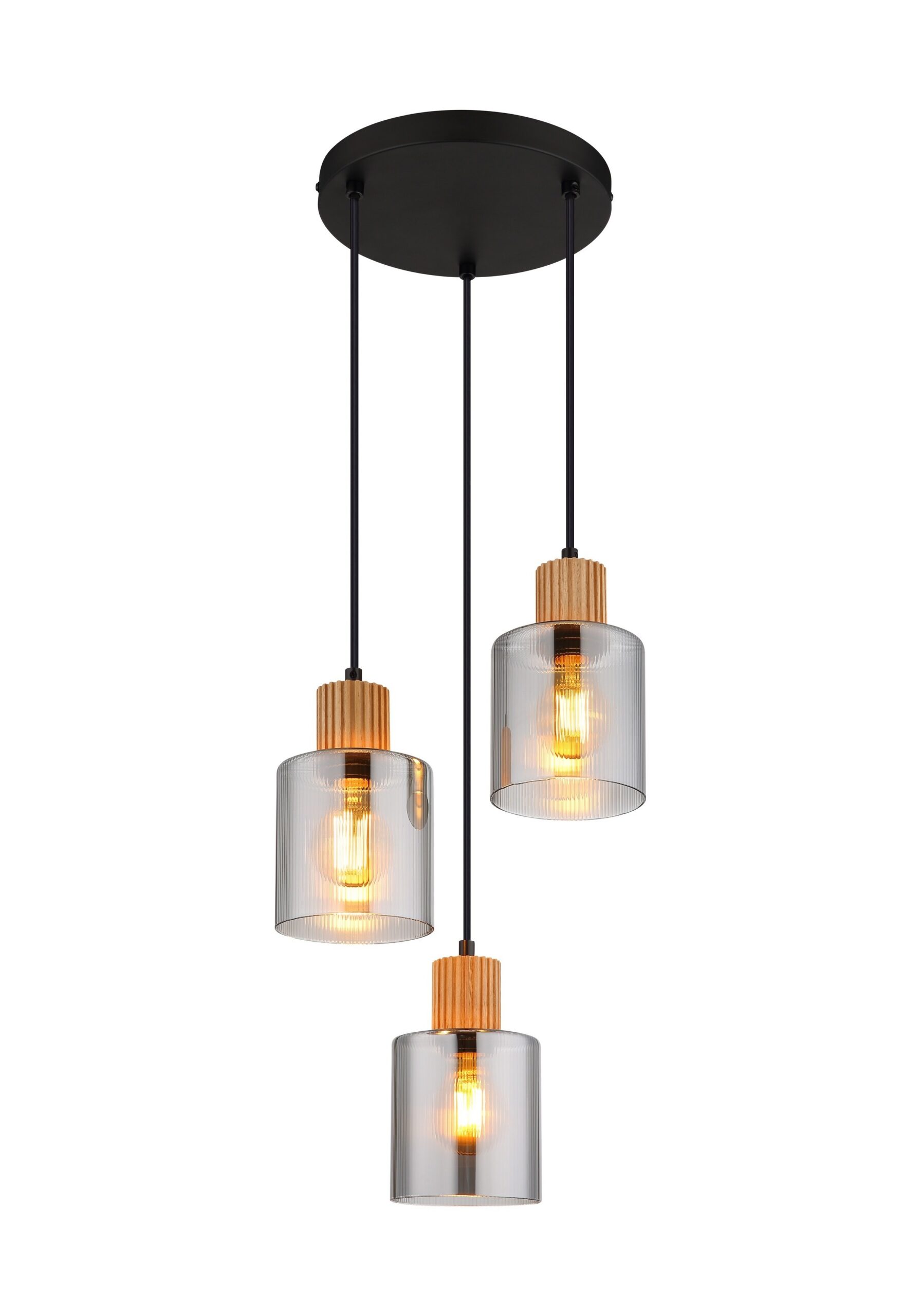 Suspension bois et verre fumé, 3, 4 ou 6 lumières, métal noir suspension bois et verre fumé, 3 lumières en cercle sous platine ronde noire, fond blanc