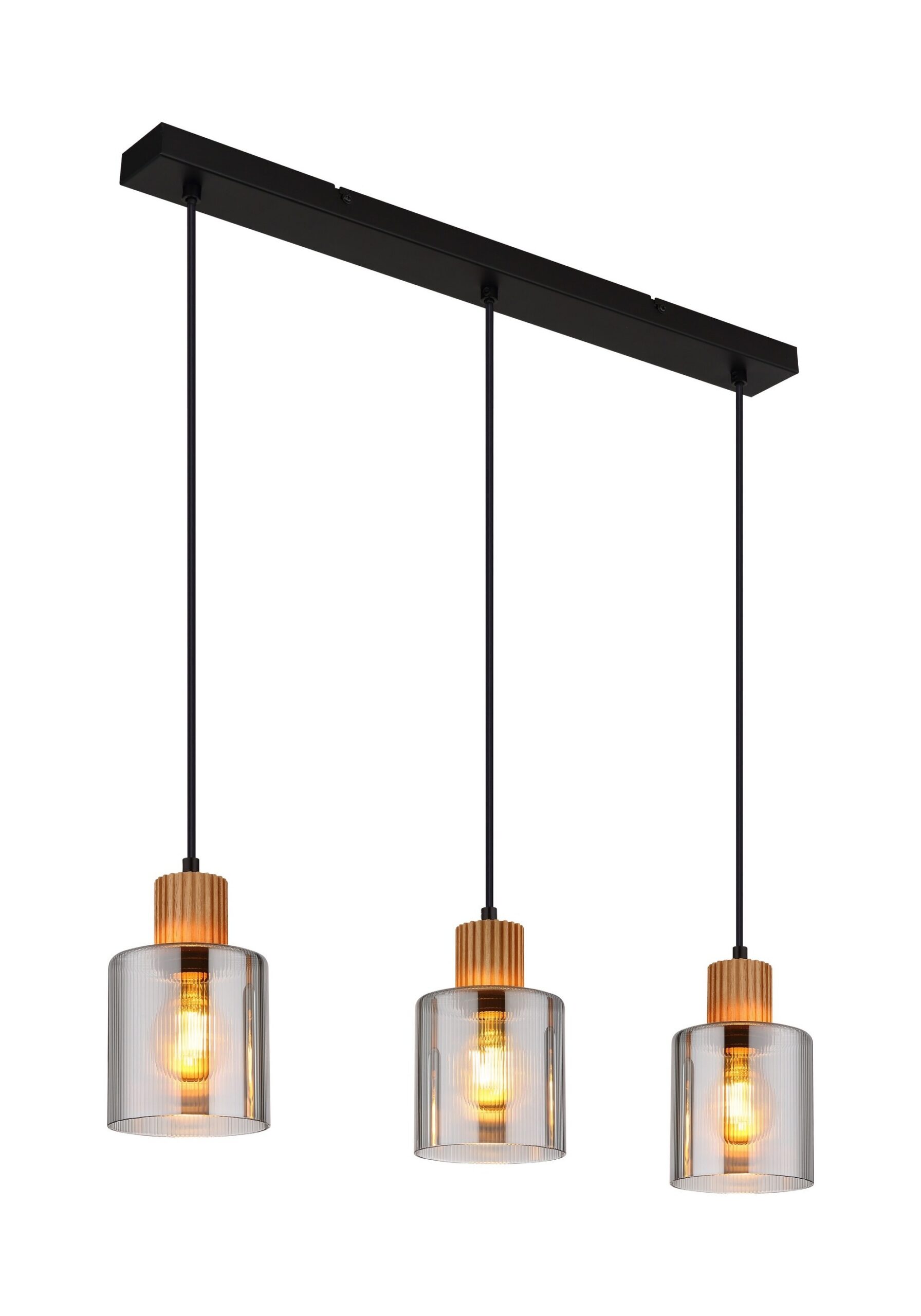 Suspension bois et verre fumé, 3, 4 ou 6 lumières, métal noir suspension bois et verre fumé, 3 lumières en ligne sur fond blanc