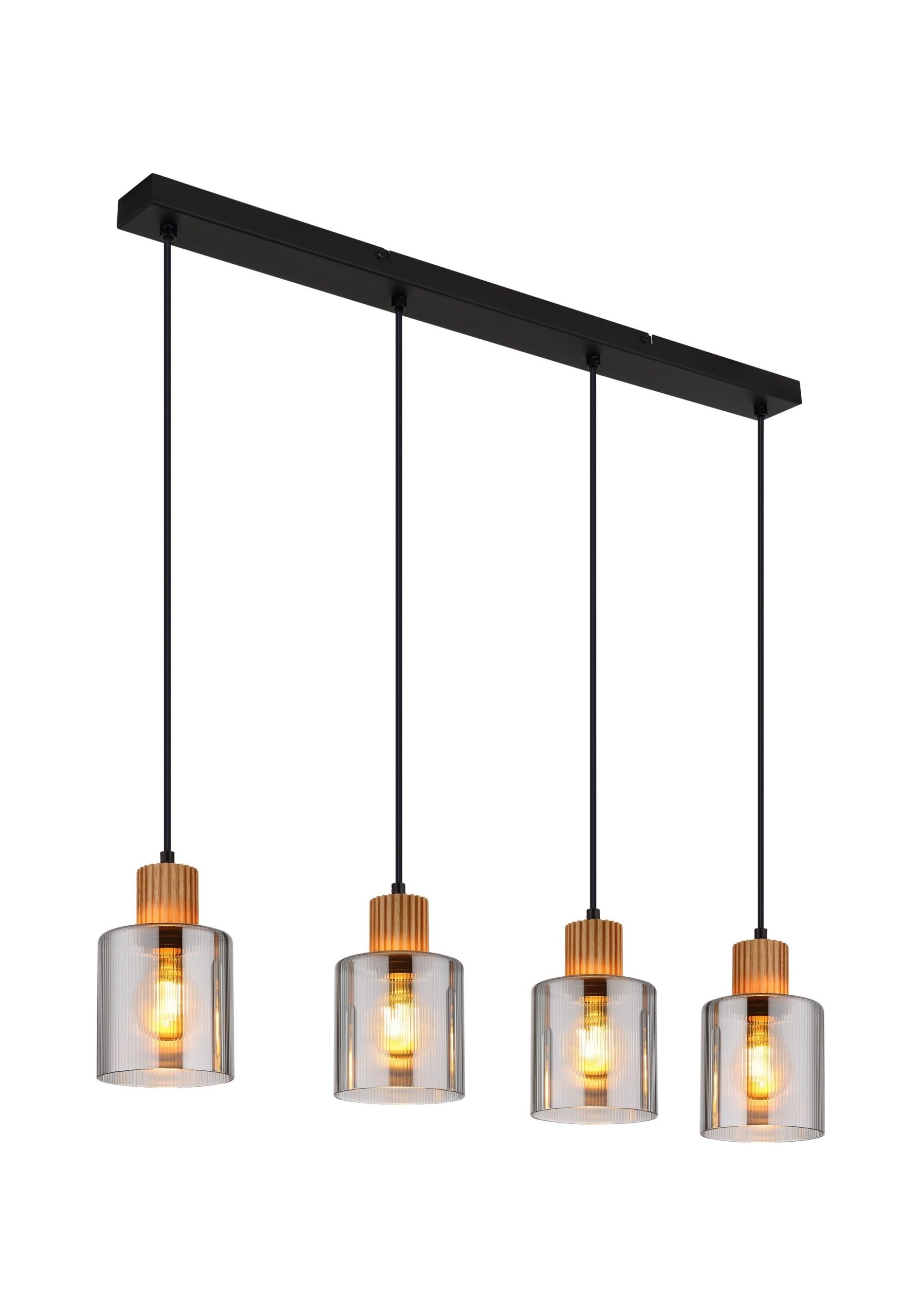 Suspension bois et verre fumé, 3, 4 ou 6 lumières, métal noir suspension bois et verre fumé, 4 lumières en ligne, abat-jours en verre fumé et têtes en bois, fond blanc