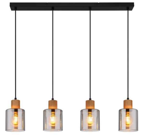 Lampe en verre : luminaires en verre soufflé, opalin et fumé suspension bois et verre fumé, 4 lumières en ligne allumée, vue de face