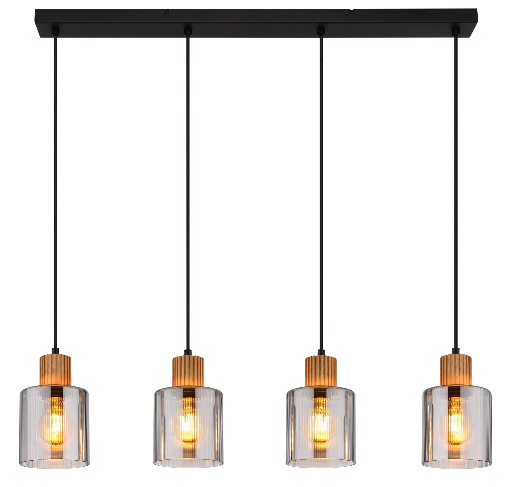Suspension bois et verre fumé, 3, 4 ou 6 lumières, métal noir suspension bois et verre fumé, 4 lumières en ligne allumée, vue de face