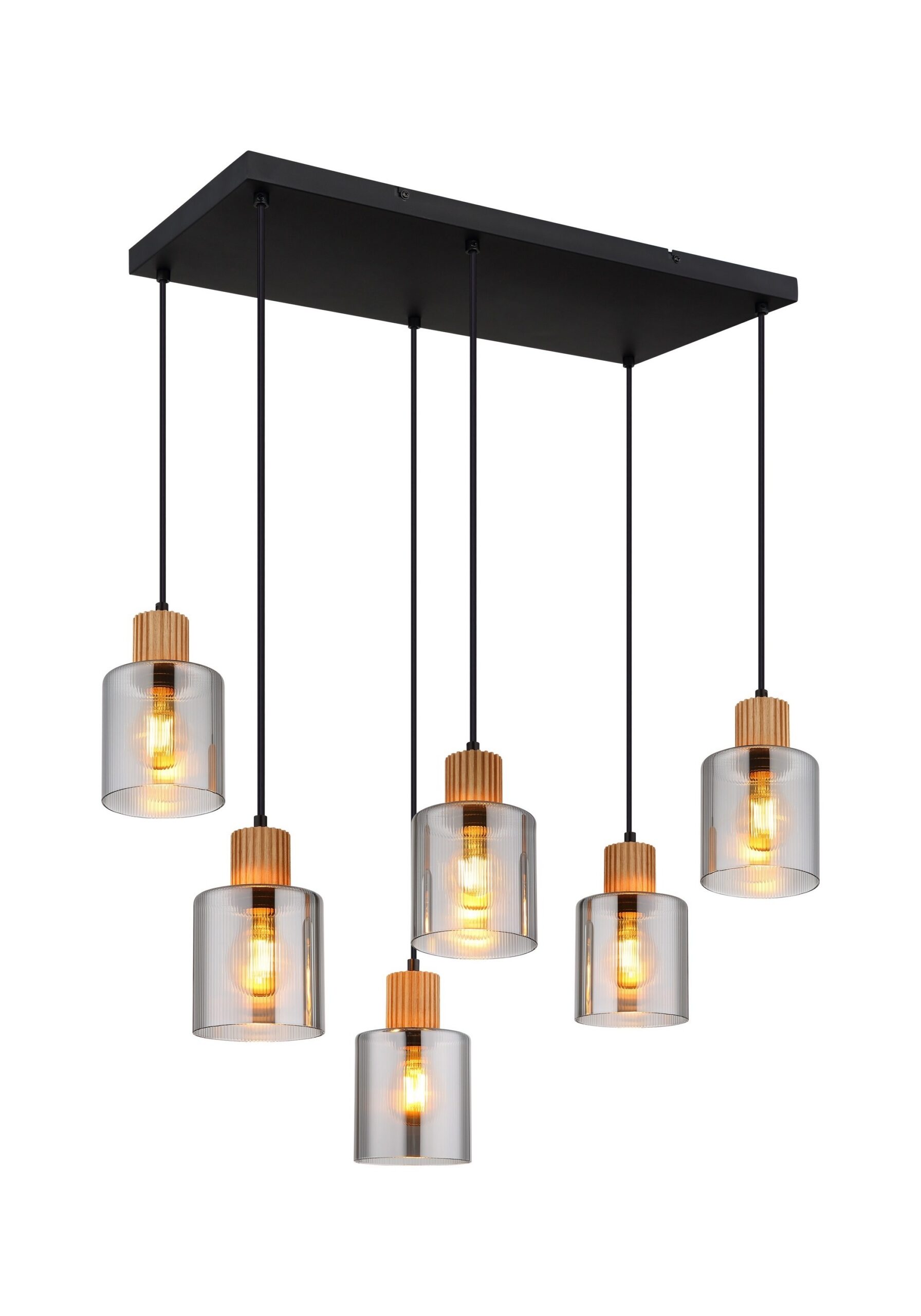 Suspension bois et verre fumé, 3, 4 ou 6 lumières, métal noir suspension bois et verre fumé, 6 lumières sur platine rectangulaire, fond blanc