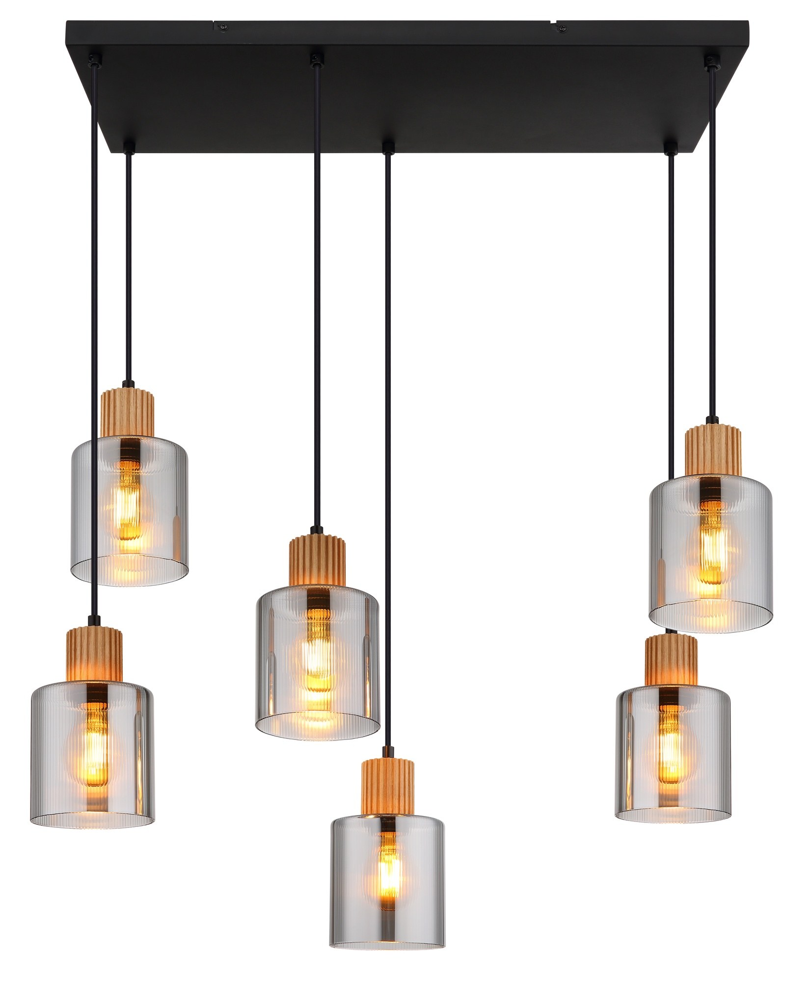 Suspension bois et verre fumé, 3, 4 ou 6 lumières, métal noir suspension bois et verre fumé, 6 lumières allumée, vue de face