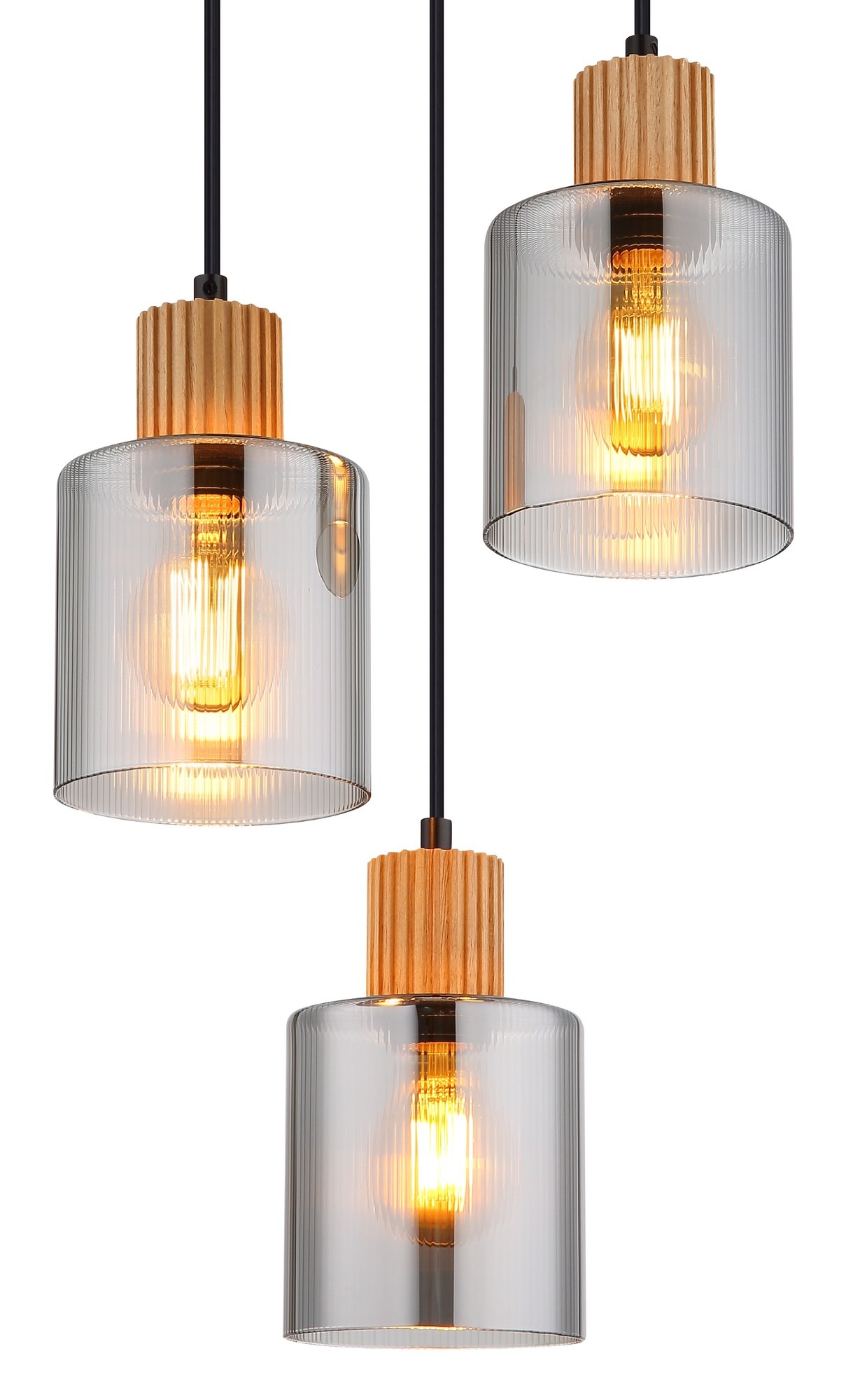 Suspension bois et verre fumé, 3, 4 ou 6 lumières, métal noir suspension bois et verre fumé, détail des trois abat-jours étagés de la version en cercle