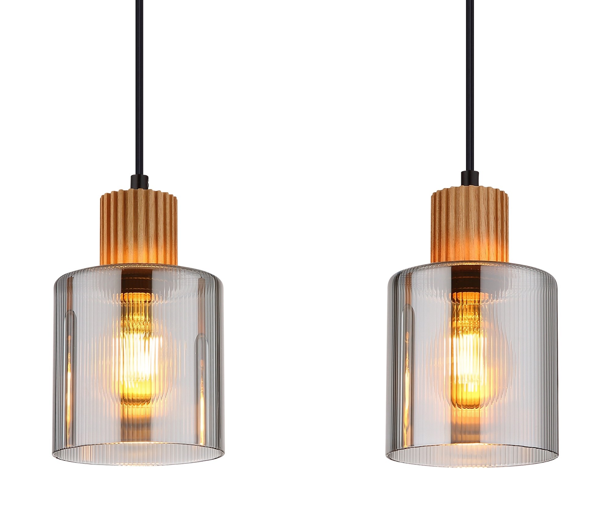 Suspension bois et verre fumé, 3, 4 ou 6 lumières, métal noir suspension bois et verre fumé, gros plan sur deux abat-jours cylindriques et leurs têtes en bois
