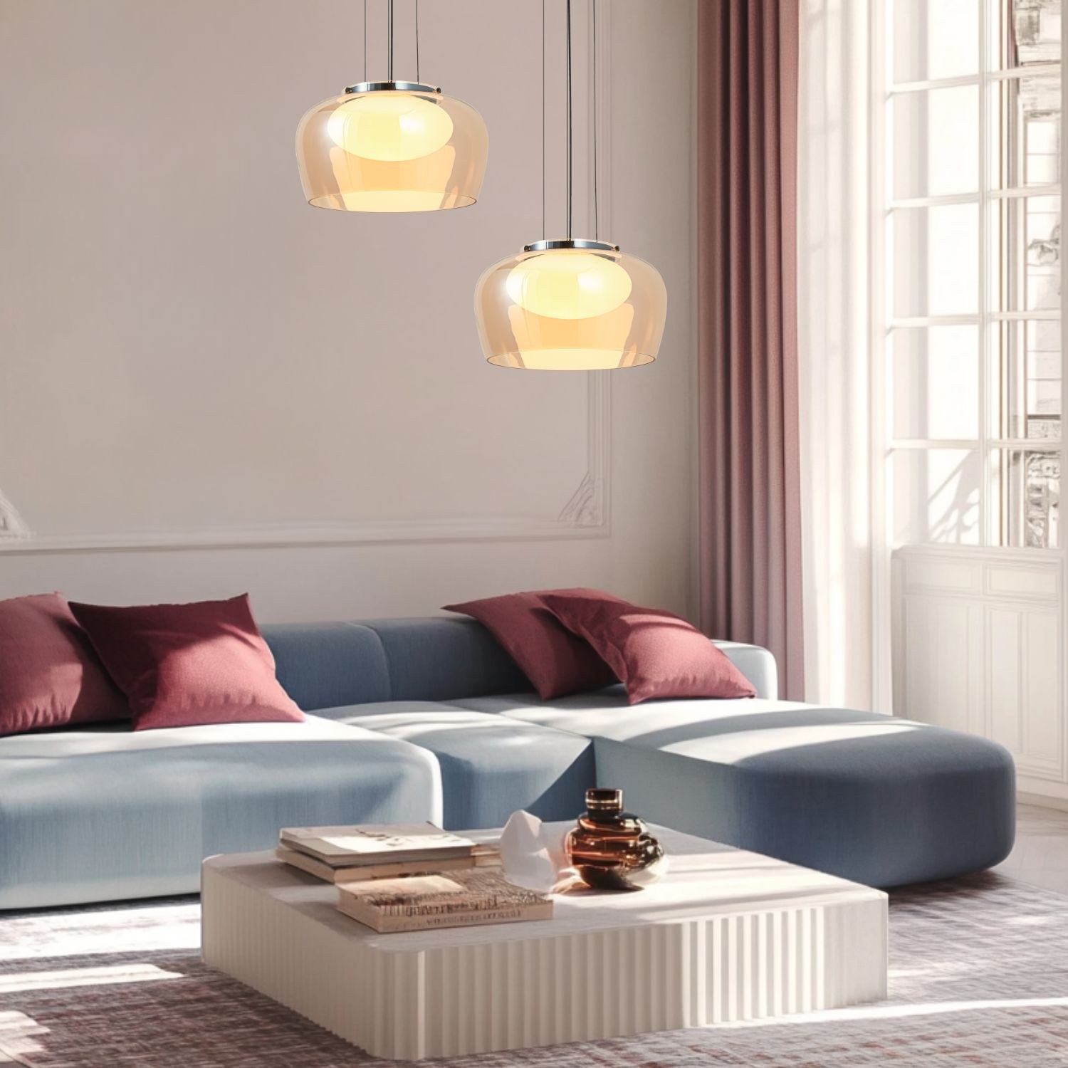 Suspension bol en verre fumé ou ambré à intérieur blanc, GX53 suspension bol verre fumé ou ambré, duo de bols en verre ambré de 35 cm dans un salon rose et bleu