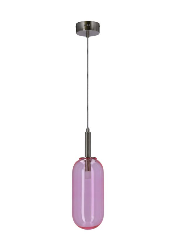suspension capsule verre coloré rose sur fond blanc