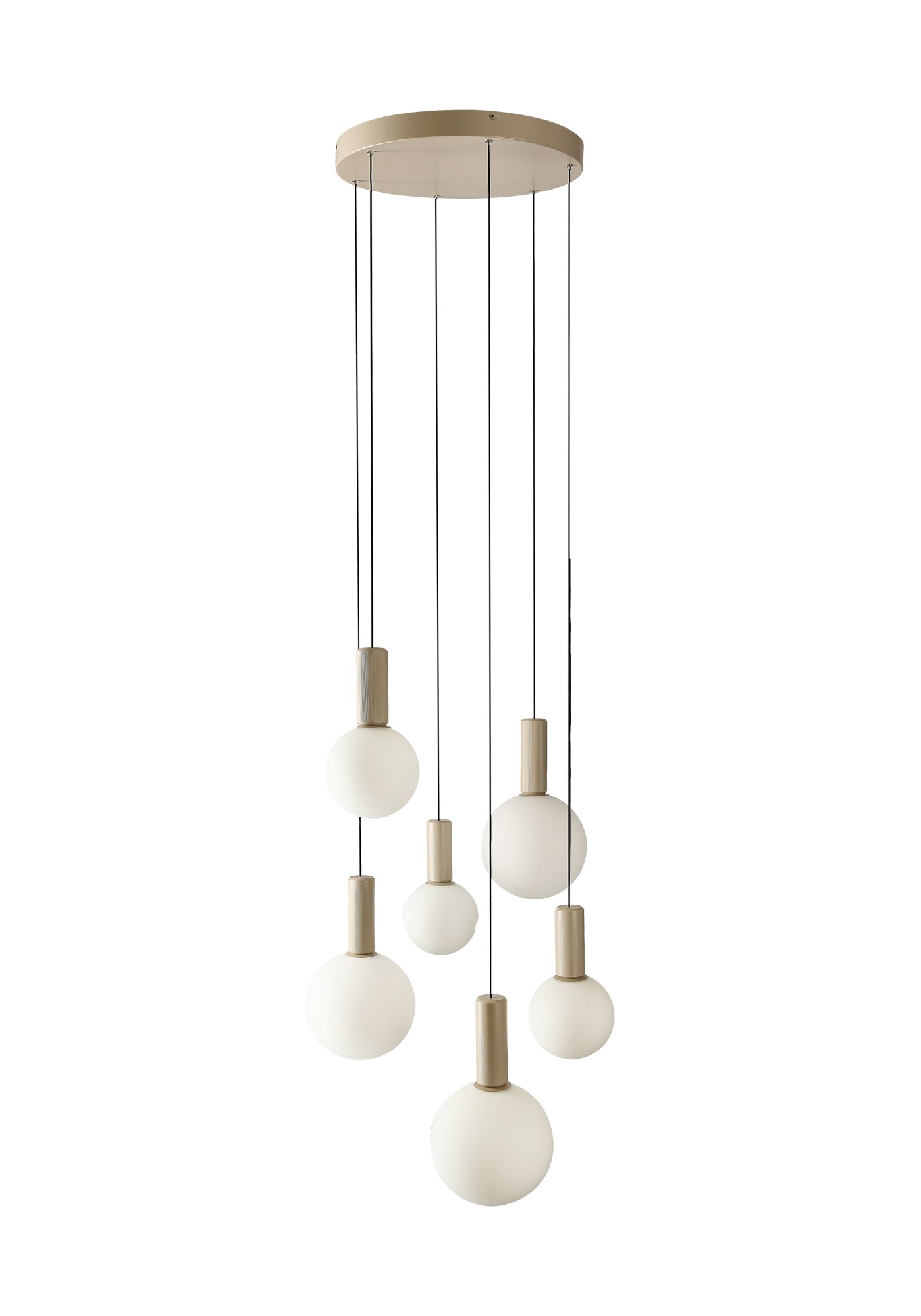 Suspension cascade 6 globes opale, plateau rond en métal beige, G9 suspension cascade 6 globes six globes opale sur fond blanc