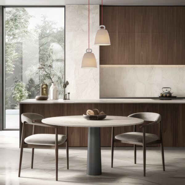 suspension céramique pastel blanche au-dessus d une table dans une cuisine en bois et marbre