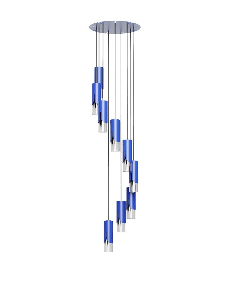 Suspension chandelier Bisel en verre soufflé par Robin Lamps suspension chandelier Bisel finition bleu métallisé
