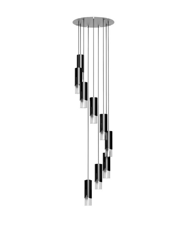 suspension chandelier Bisel finition noir mat, grappe de fûts en spirale sous une platine ronde