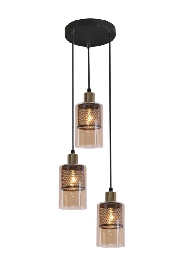suspension cylindre verre ambré 3 lumières sur platine ronde, fond blanc