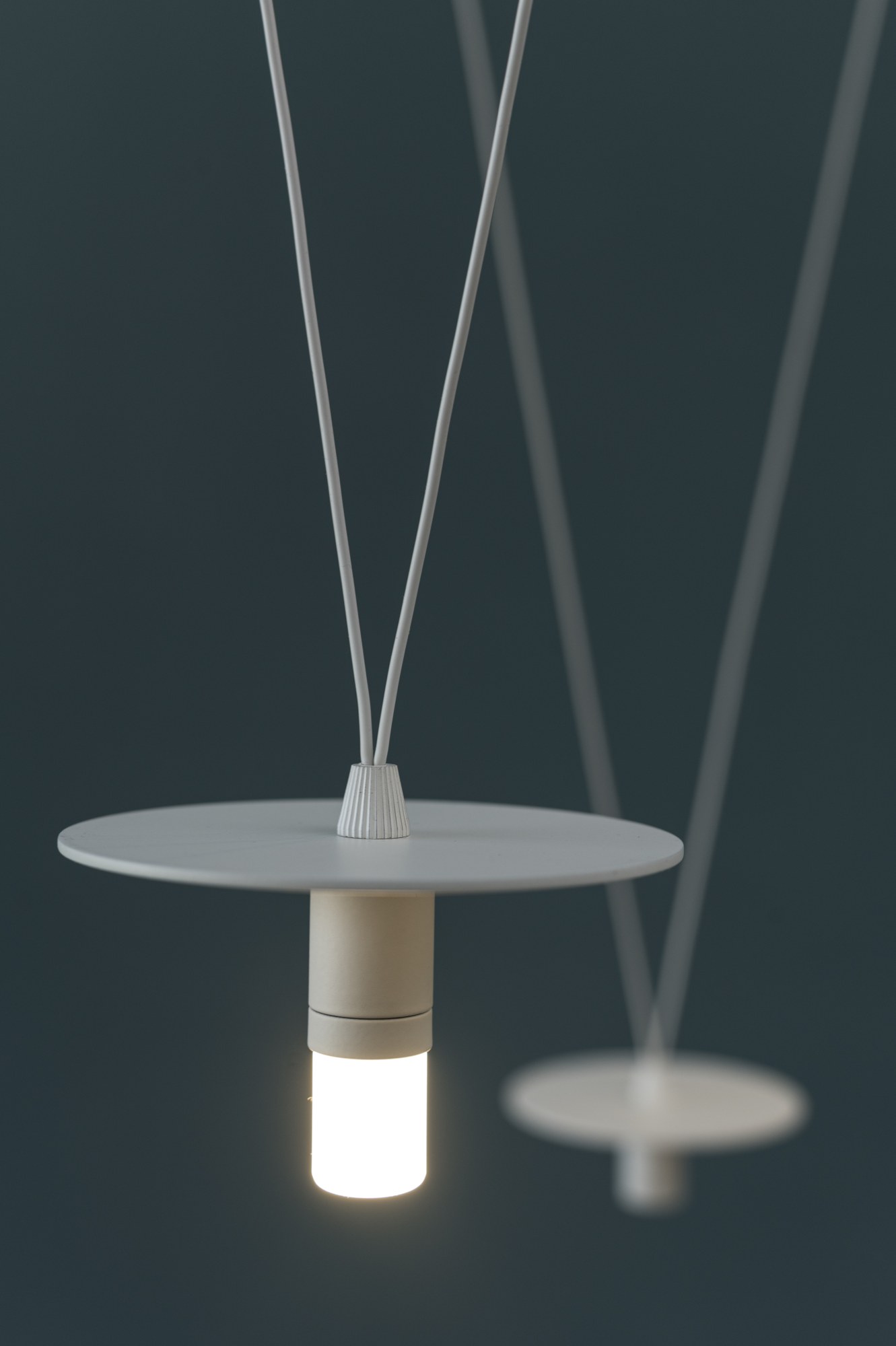 Suspension D02 Pendant par OliveLab, 4, 6 ou 8 points lumineux suspension D02 Pendant OliveLab, détail d'un point lumineux blanc mat, disque et LED allumée