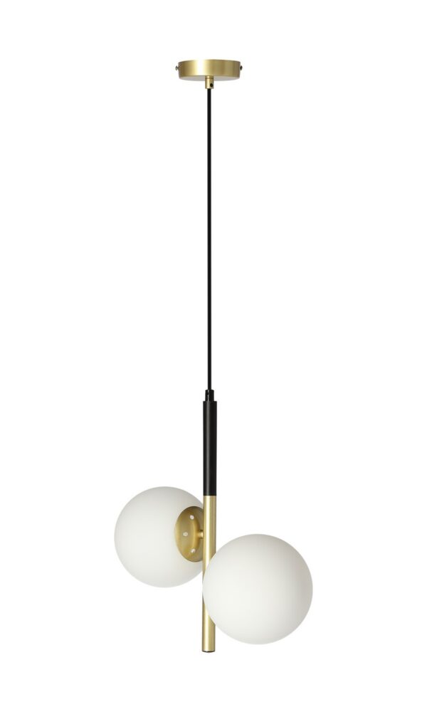 suspension deux globes opale noire et doree mat, fond blanc