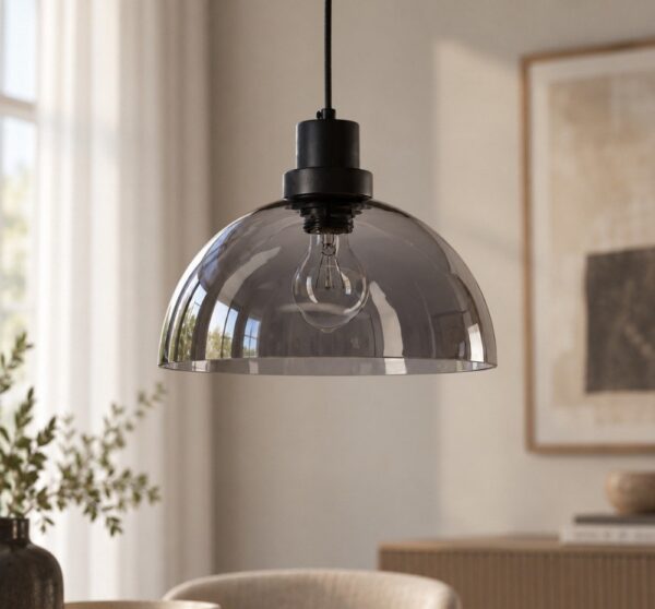 suspension dôme verre fumé au dessus d une table dans un salon lumineux