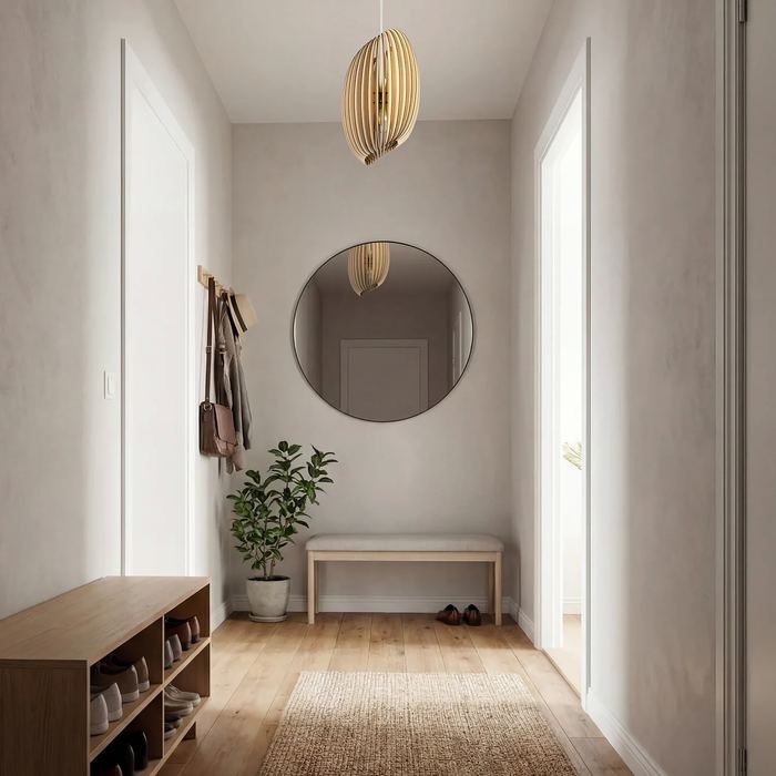 Luminaire entrée et couloir : comment bien l'éclairer ? Suspension entrée en bois Assia au-dessus d'un banc et d'un miroir rond
