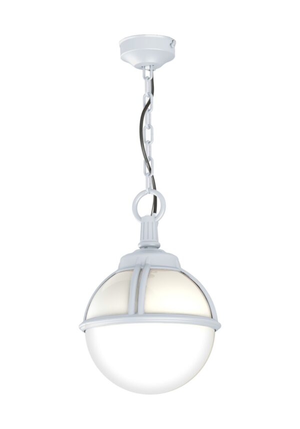 suspension extérieure Boréal en aluminium blanc avec globe opale, rendu sur fond blanc