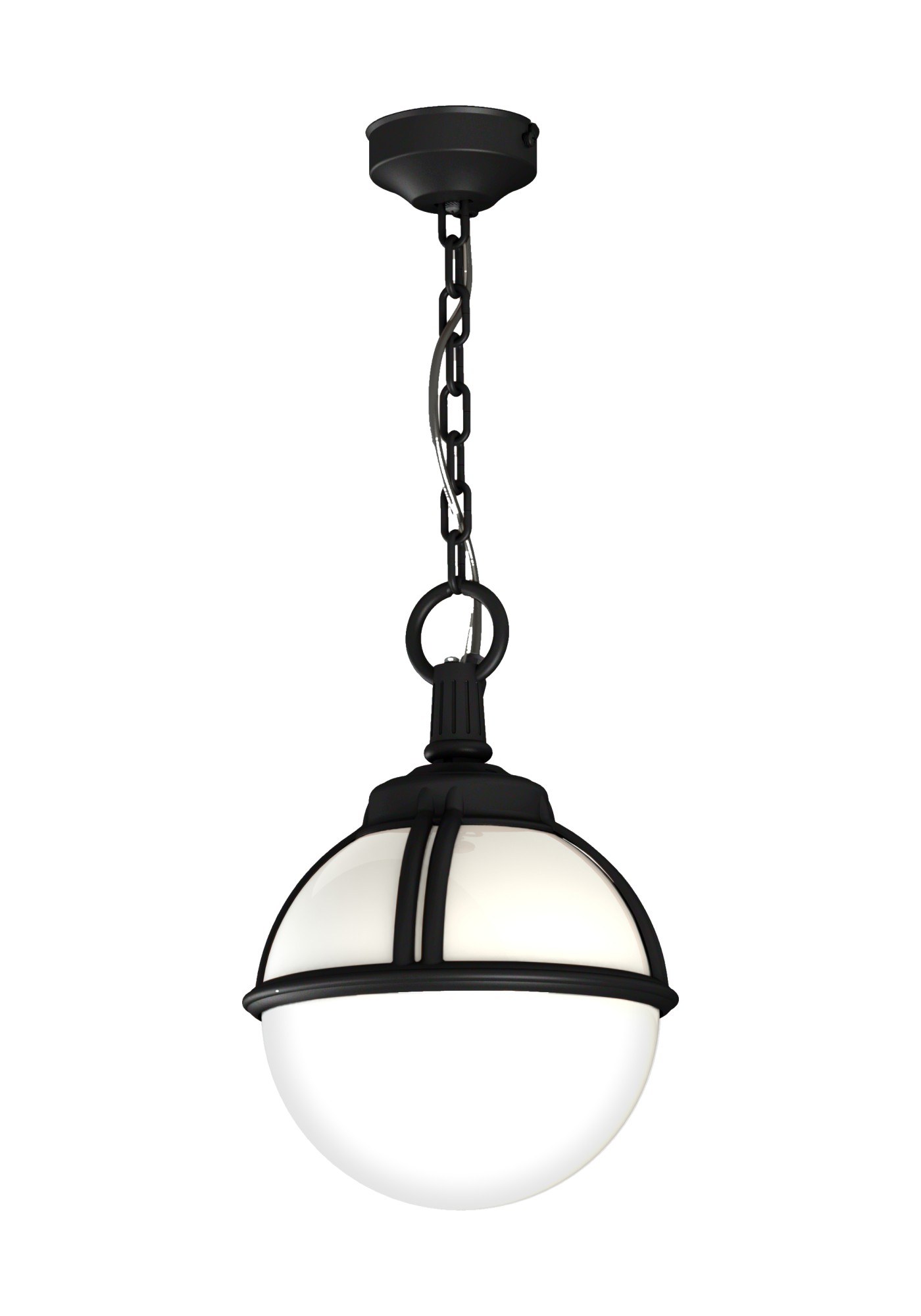 Suspension extérieure Boréal par Roger Pradier, globe opale suspension extérieure Boréal en aluminium noir foncé avec globe opale, rendu sur fond blanc
