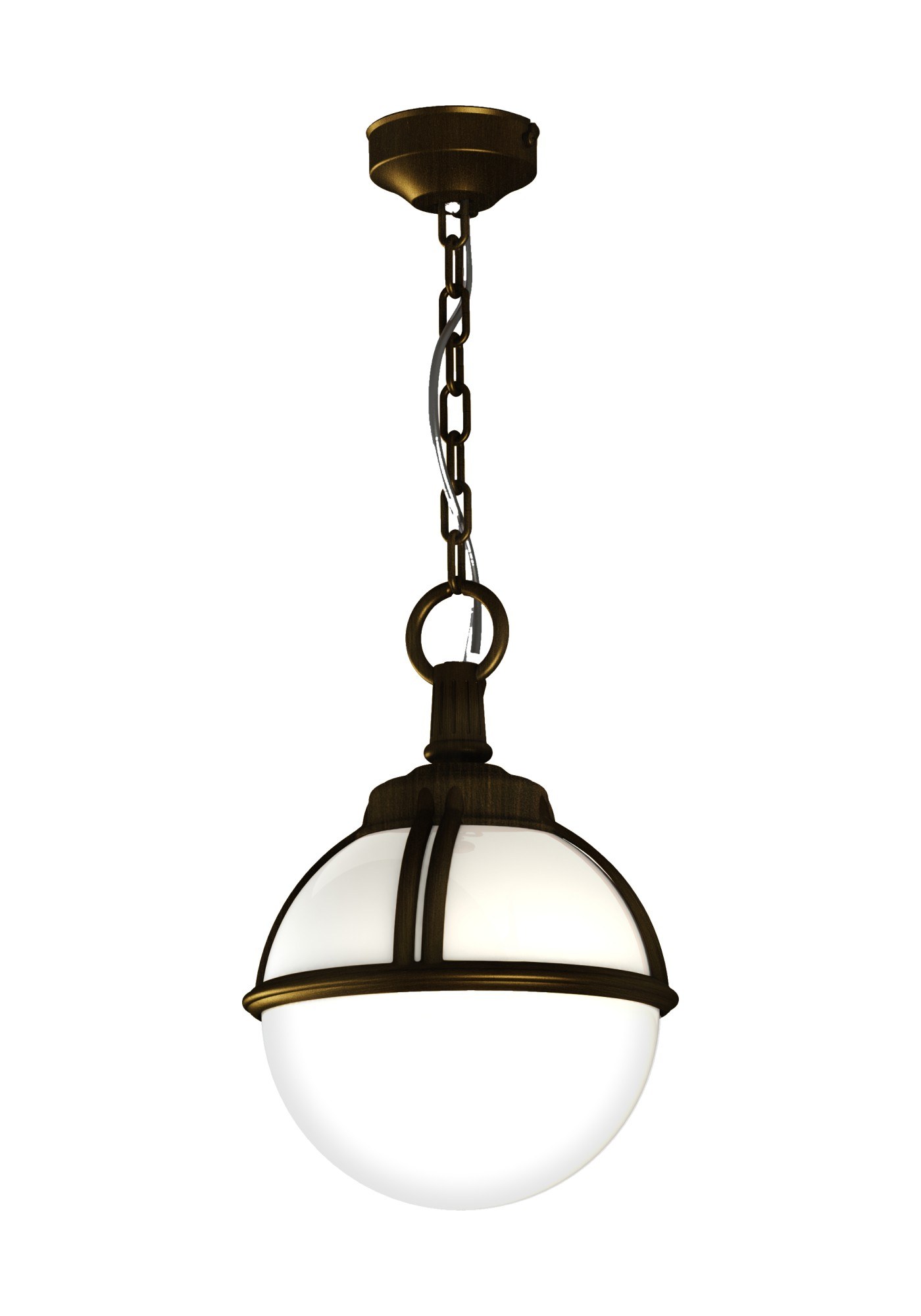 Suspension extérieure Boréal par Roger Pradier, globe opale suspension extérieure Boréal en aluminium patine dorée avec globe opale, rendu sur fond blanc