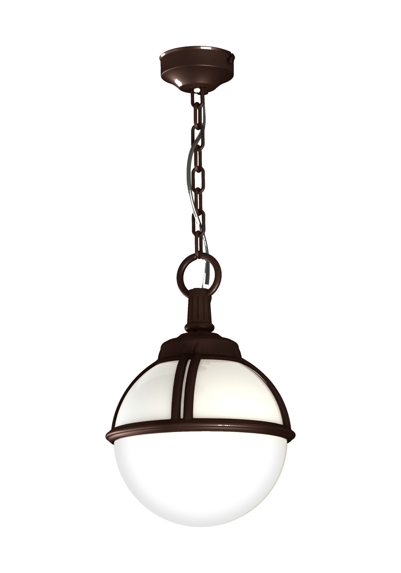 Suspension extérieure Boréal par Roger Pradier, globe opale suspension extérieure Boréal en aluminium teinte rouille avec globe opale, rendu sur fond blanc