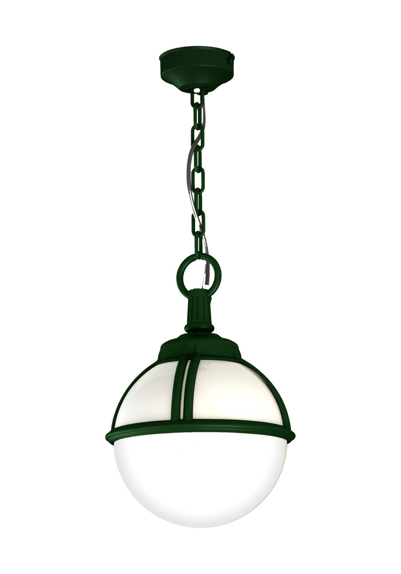 Suspension extérieure Boréal par Roger Pradier, globe opale suspension extérieure Boréal en aluminium vert anglais avec globe opale, rendu sur fond blanc
