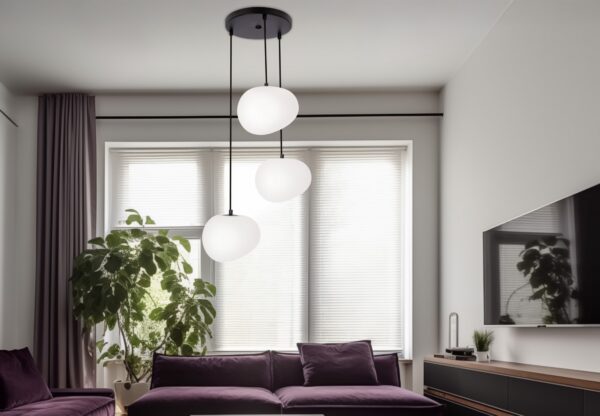 suspension galets blancs trois galets base ronde dans un salon