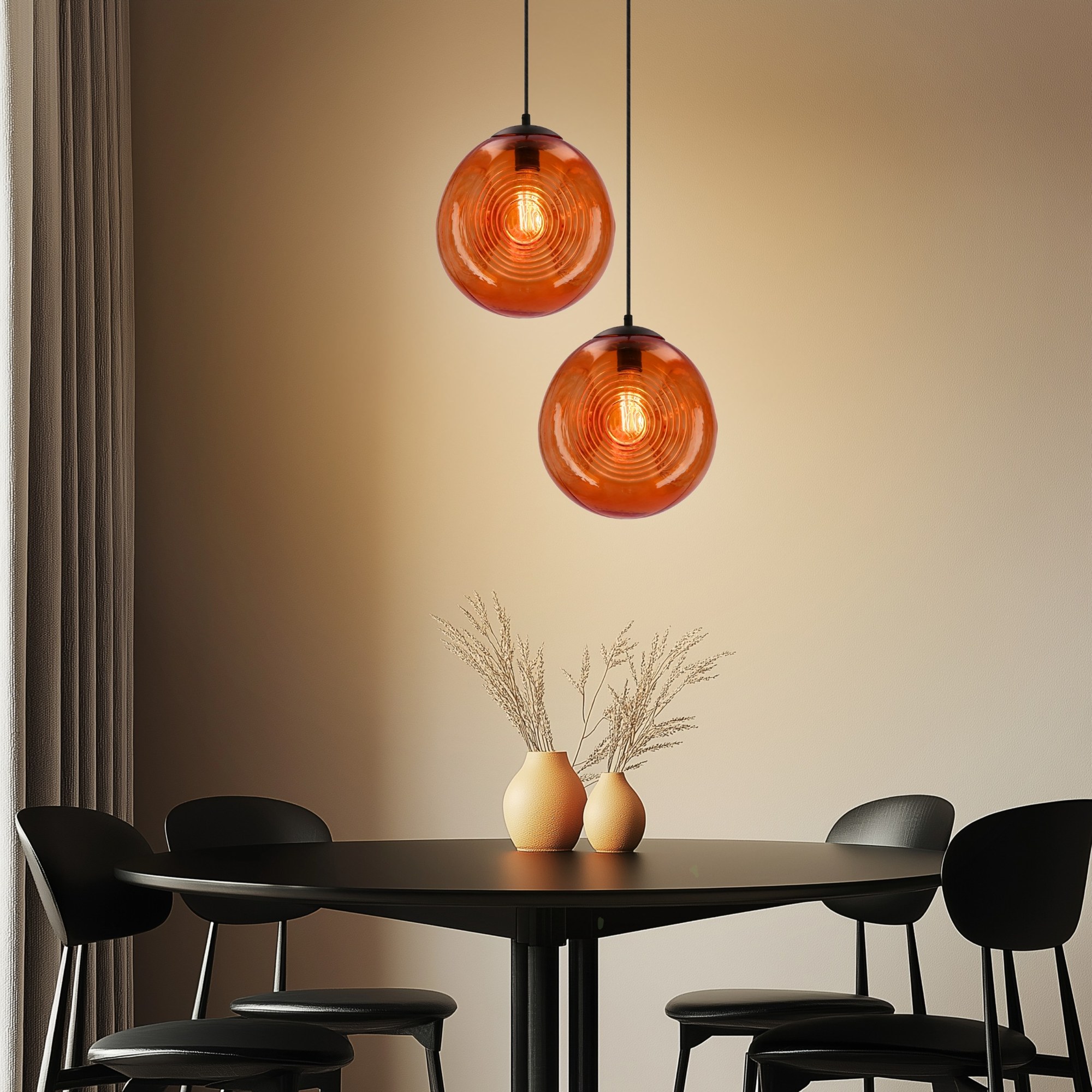 Suspension globe en verre à anneaux, vert, orange ou bronze, E27 suspension globe verre à anneaux duo de globes orange dans une salle à manger