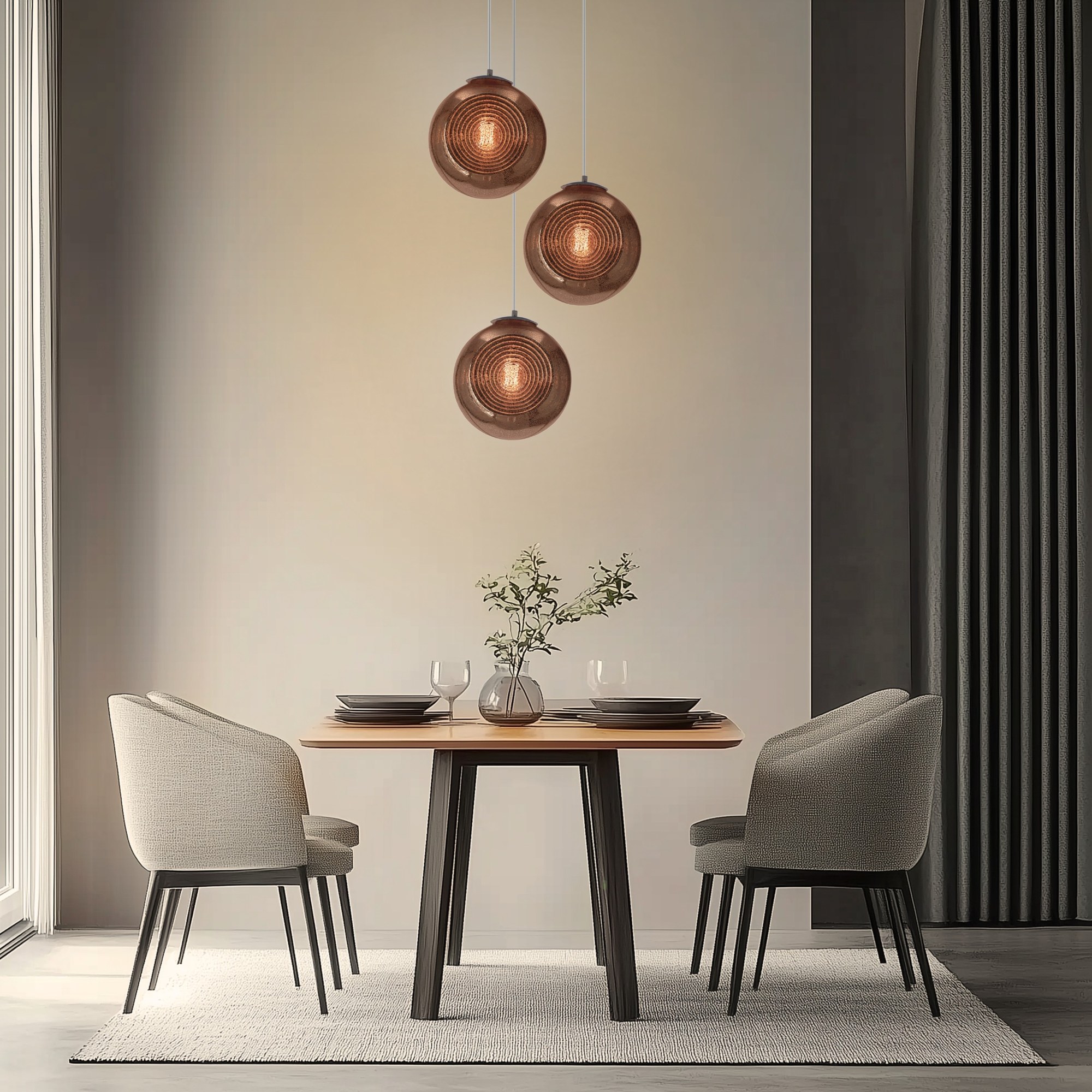 Suspension globe en verre à anneaux, vert, orange ou bronze, E27 suspension globe verre à anneaux trio de globes bronze fumé dans une salle à manger