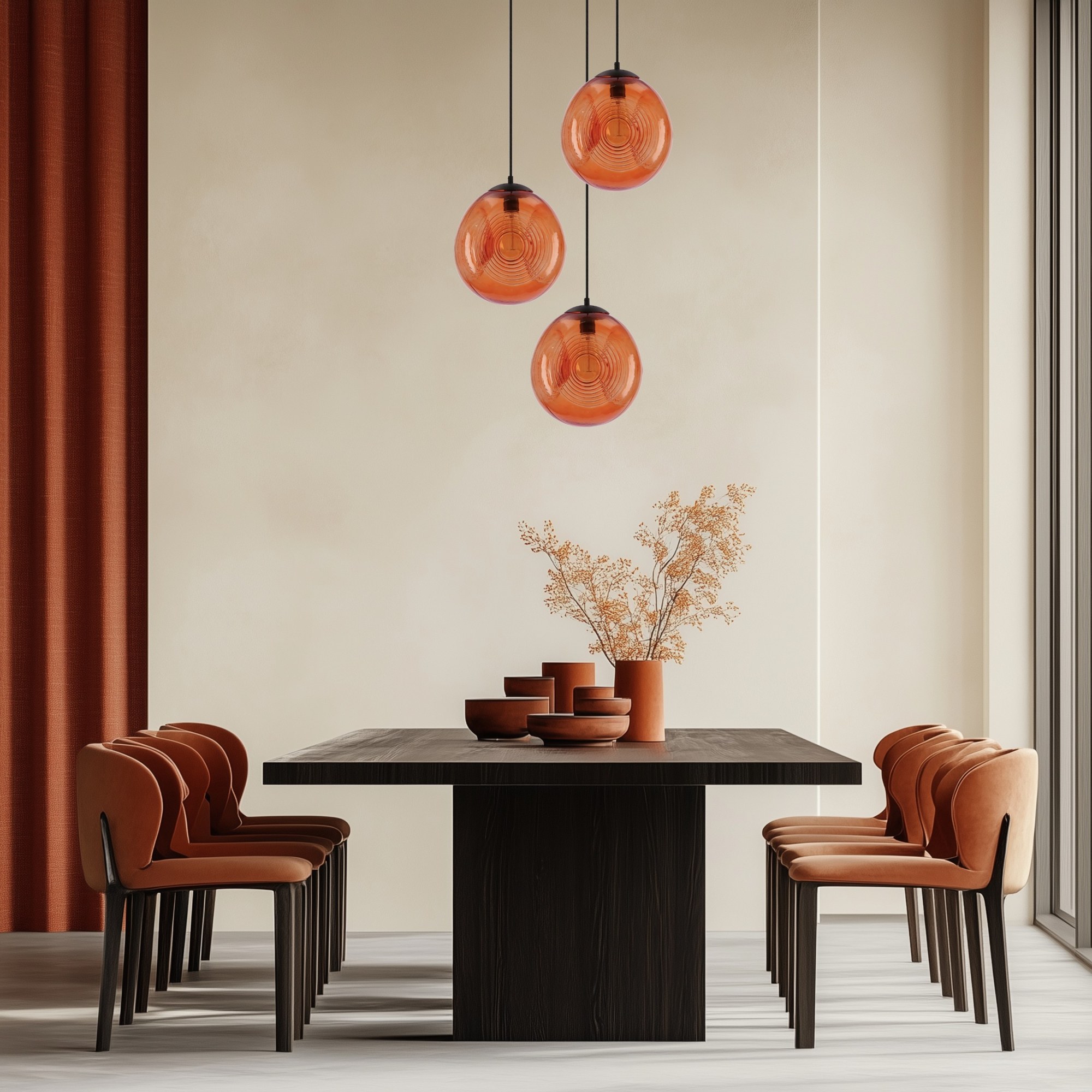 Suspension globe en verre à anneaux, vert, orange ou bronze, E27 suspension globe verre à anneaux trio de globes orange au dessus d une grande table