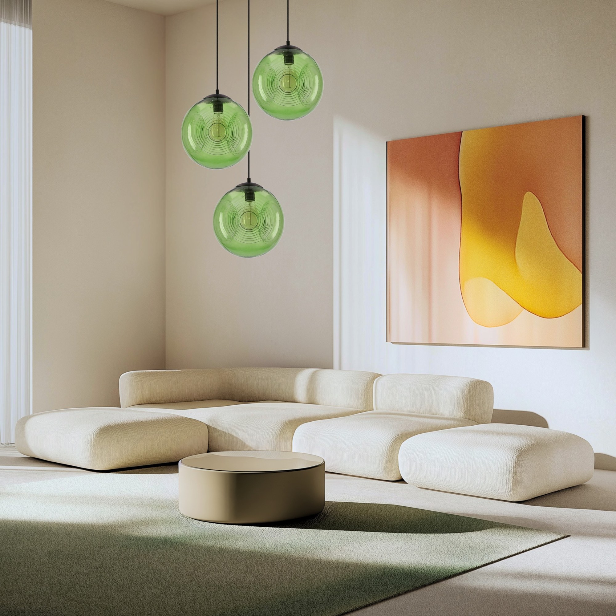 Suspension globe en verre à anneaux, vert, orange ou bronze, E27 suspension globe verre à anneaux trio de globes verts dans un salon