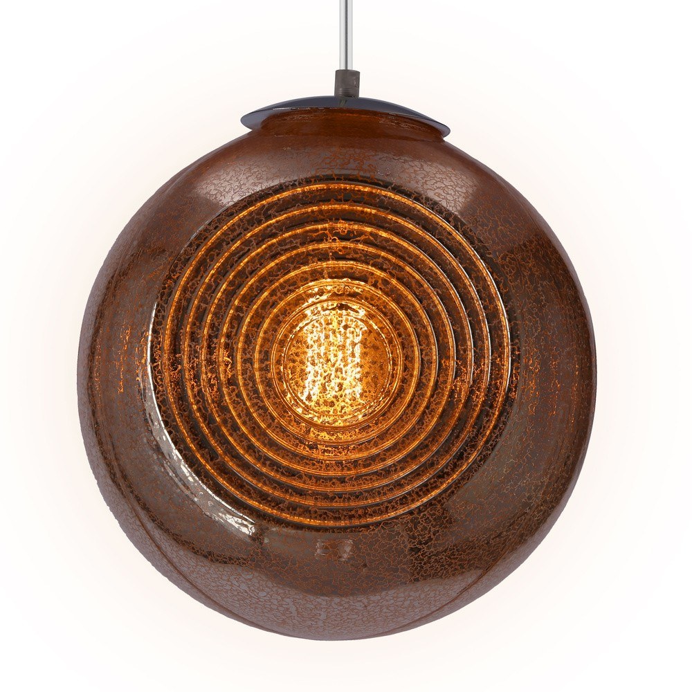 Suspension globe en verre à anneaux, vert, orange ou bronze, E27 suspension globe verre à anneaux version bronze fumé allumée en gros plan