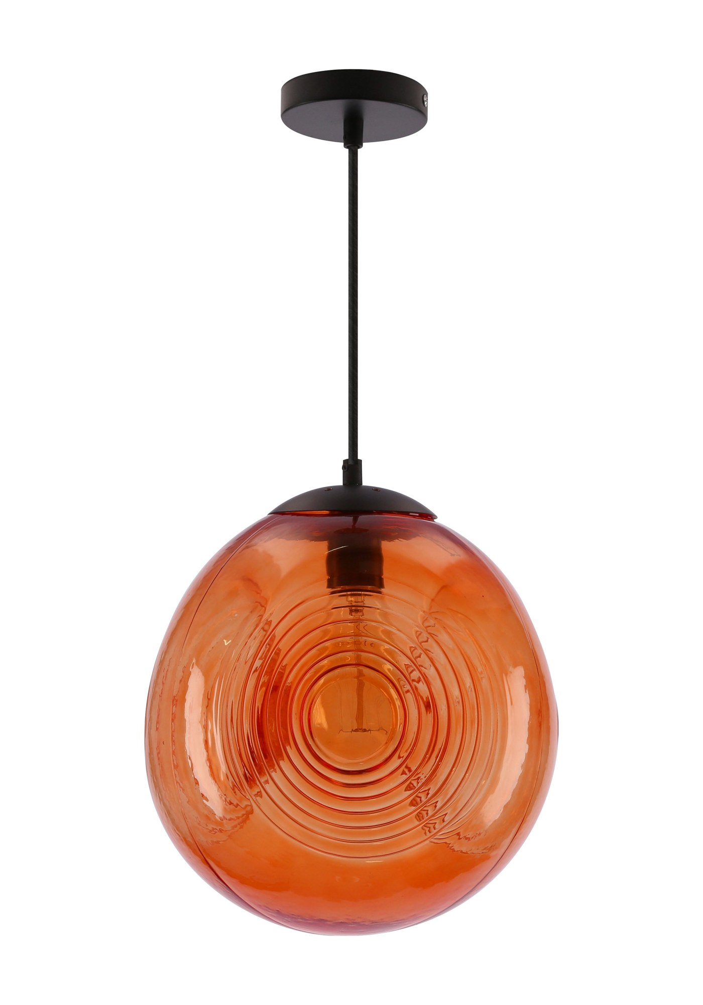 Suspension globe en verre à anneaux, vert, orange ou bronze, E27 suspension globe verre à anneaux version orange sur fond blanc